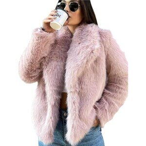 Womens Faux Fur Coat Lapel Open Front Fluffy Pink